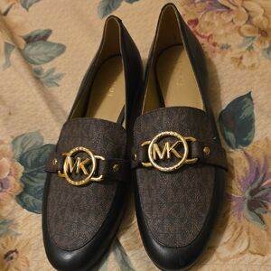 Michael Kors Brown and Black MK Logo Slip-On Loafers with Gold Hardware